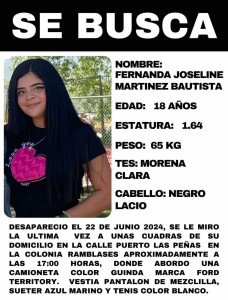 Desaparece Fernanda Joseline Martínez Bautista en la colonia Ramblases